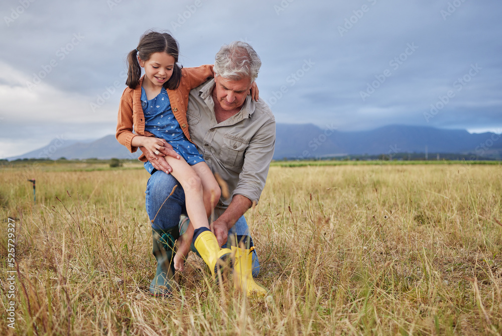 Happy family bonding on farm grandparent and girl having fun in nature, prepare for walk together. S