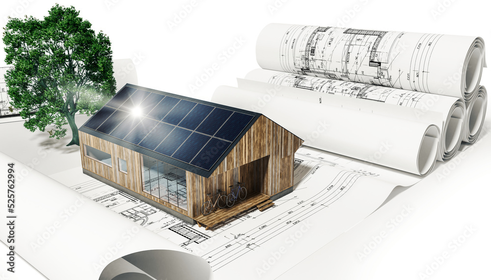 Sonnenspiegelung和einem Ferien/Wochendhaus的太阳能模块-3D可视化