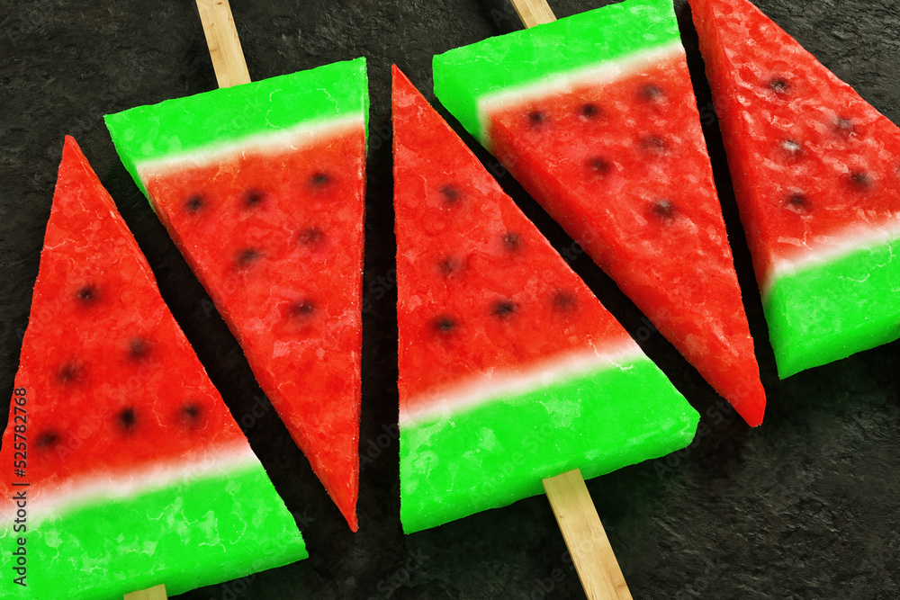 Close up watermelon shape ice cream on black background. sweet watermelon ice pop stick.