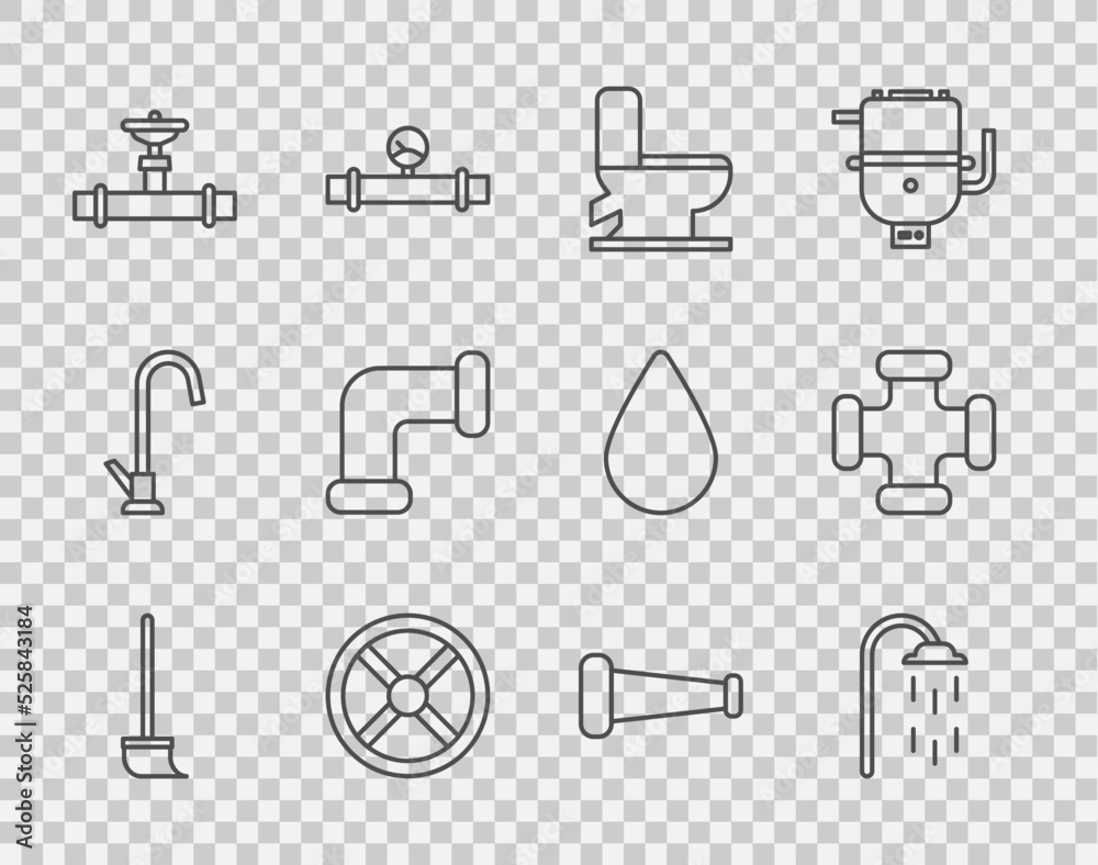 设置线拖把、淋浴器、抽水马桶、工业阀门、管道和金属以及图标。矢量