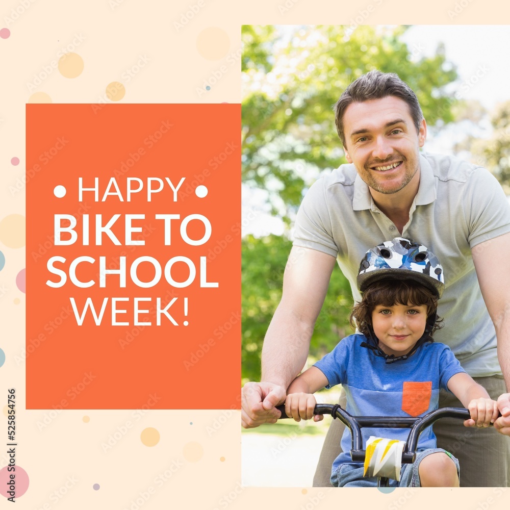 Digital image of happy caucasian father and son with happy bike to school week text, copy space