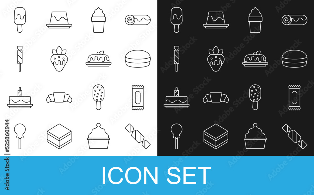 Set line Candy, Macaron cookie, Ice cream in waffle cone, Strawberry chocolate, and Cake icon. Vecto