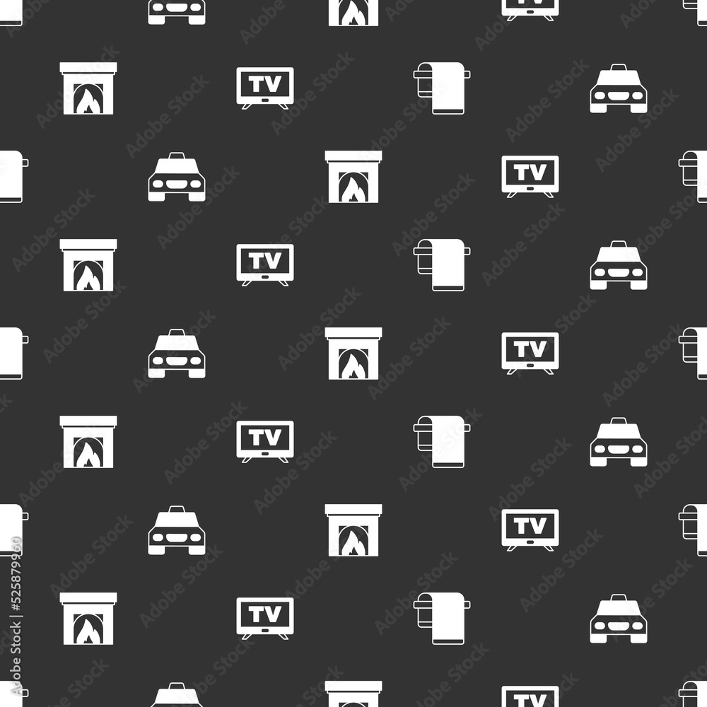 Set Towel on hanger, Taxi car, Interior fireplace and Smart Tv on seamless pattern. Vector