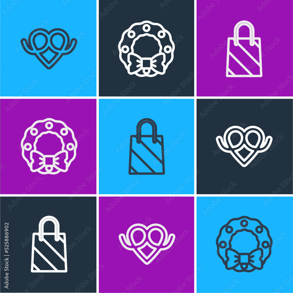 Set line Pretzel, Christmas shopping bag and wreath icon. Vector