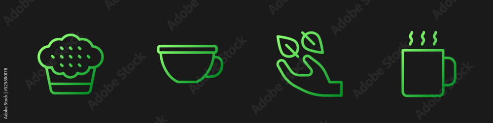 Set line Tea leaf in hand, Muffin, Cup of tea and . Gradient color icons. Vector