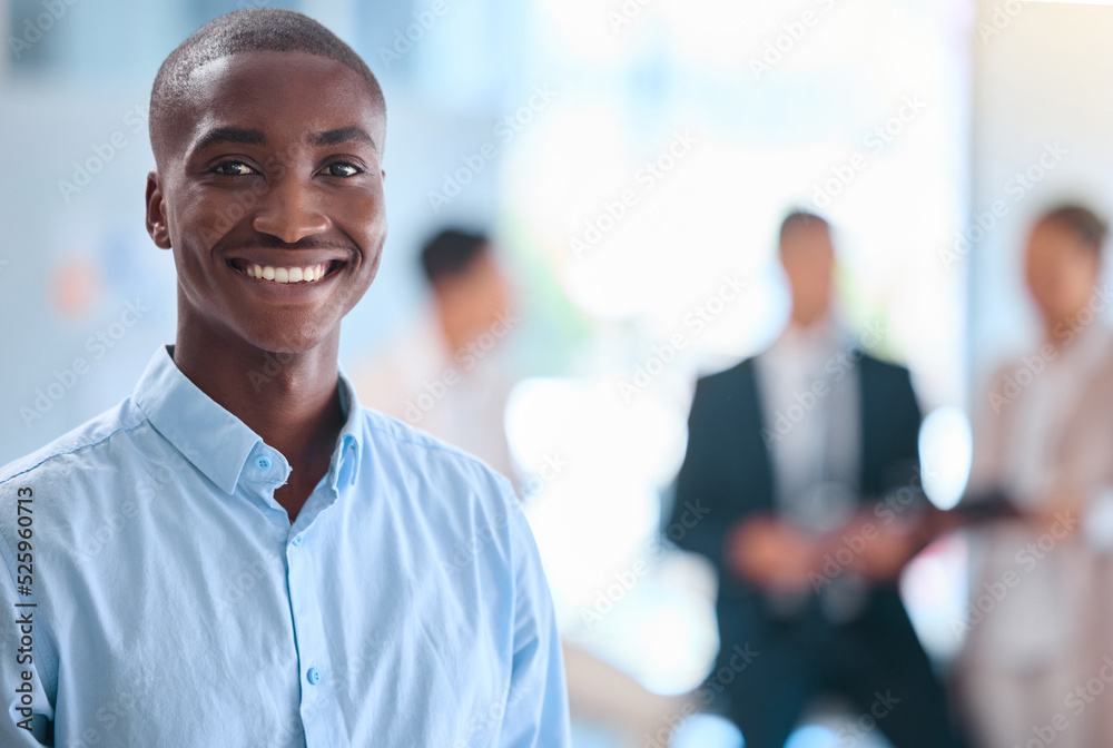 Portrait of smiling face of business man working at corporate company, leadership of African busines