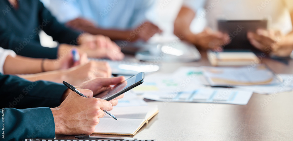 Business marketing meeting and manager with tablet searching the internet for teamwork in an office.