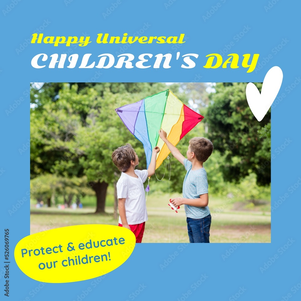 Composite of protect and educate our children text over caucasian boys holding kite in park