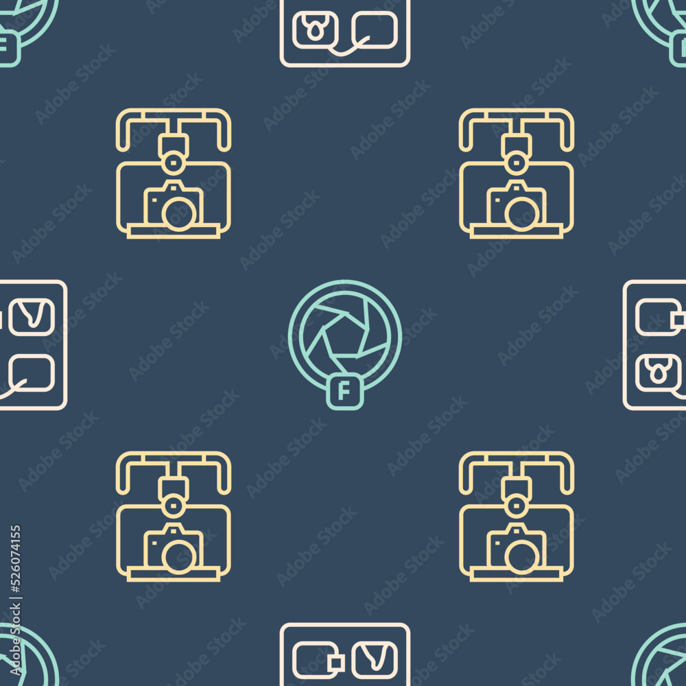 Set line Storyboard, Gimbal stabilizer with camera and Camera shutter on seamless pattern. Vector