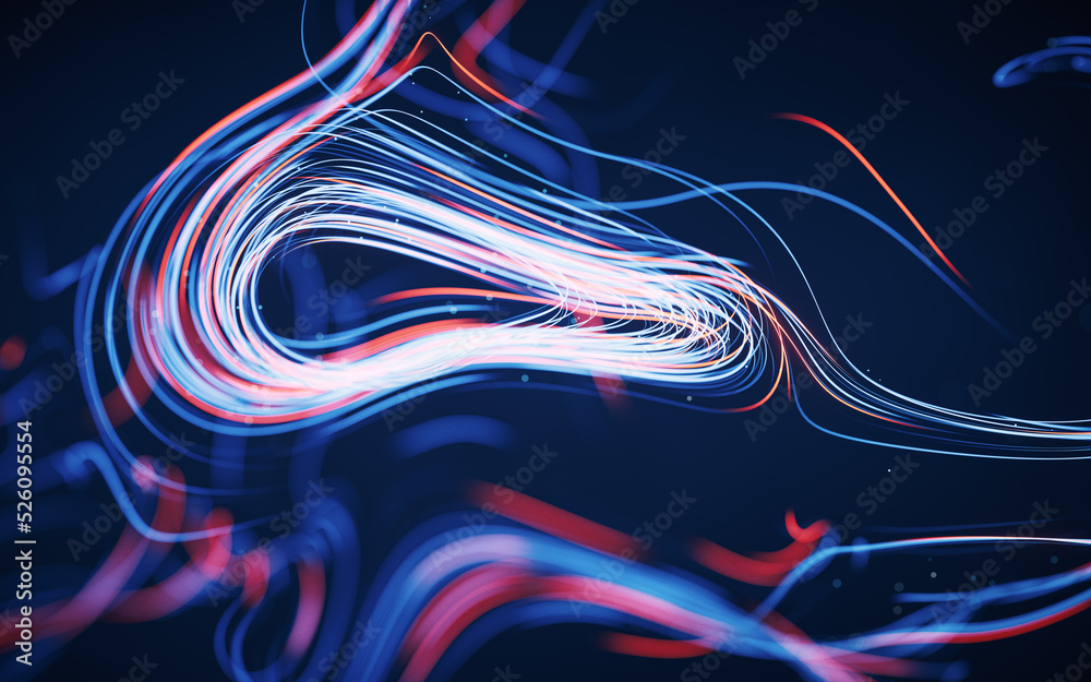 Flowing curves with glowing neon lines, 3d rendering.