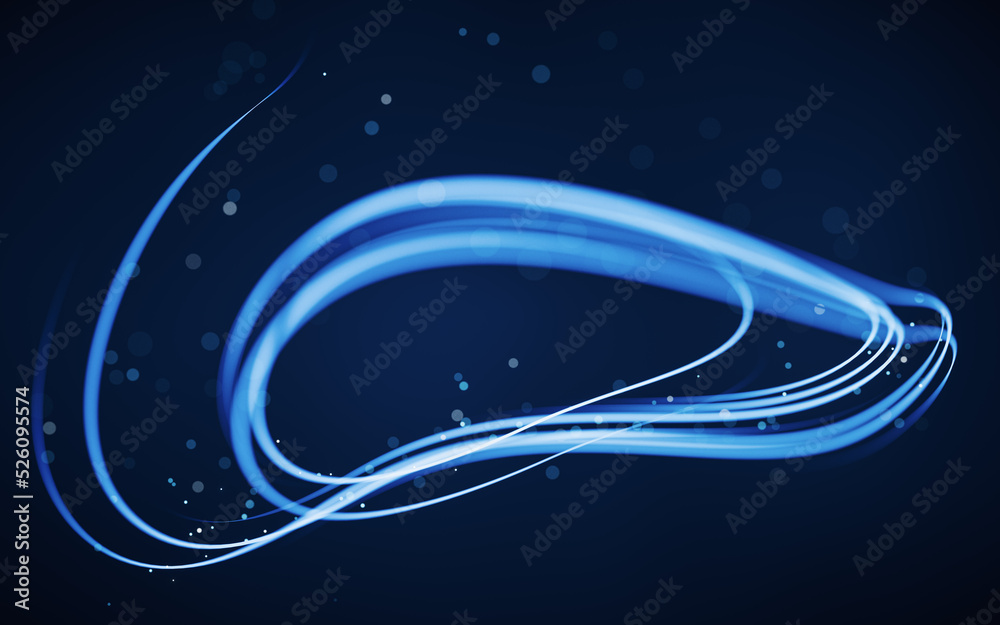 Flowing curves with glowing neon lines, 3d rendering.