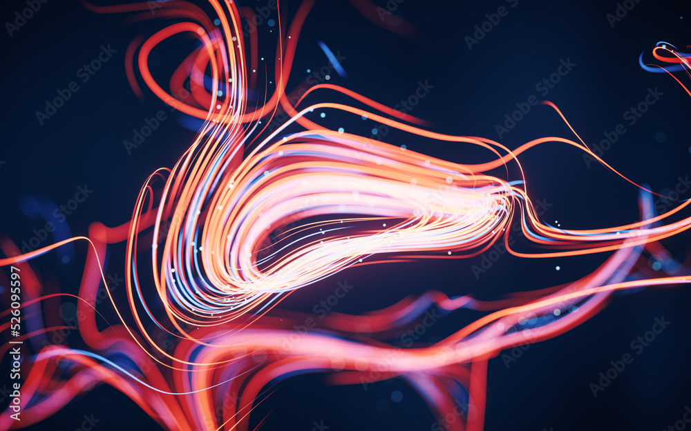 Flowing curves with glowing neon lines, 3d rendering.