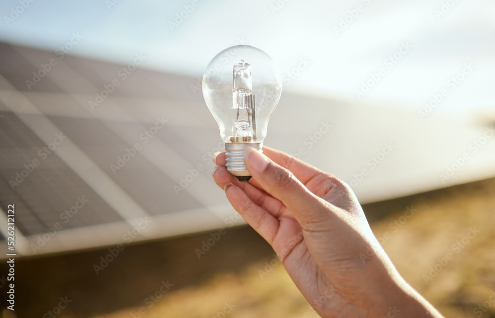 Light bulb, solar panel and farmer hand with energy saving, electricity on sustainable agriculture f