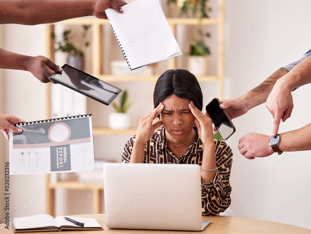 Woman business manager suffering of burnout, anxiety and stress at work in a corporate office by the