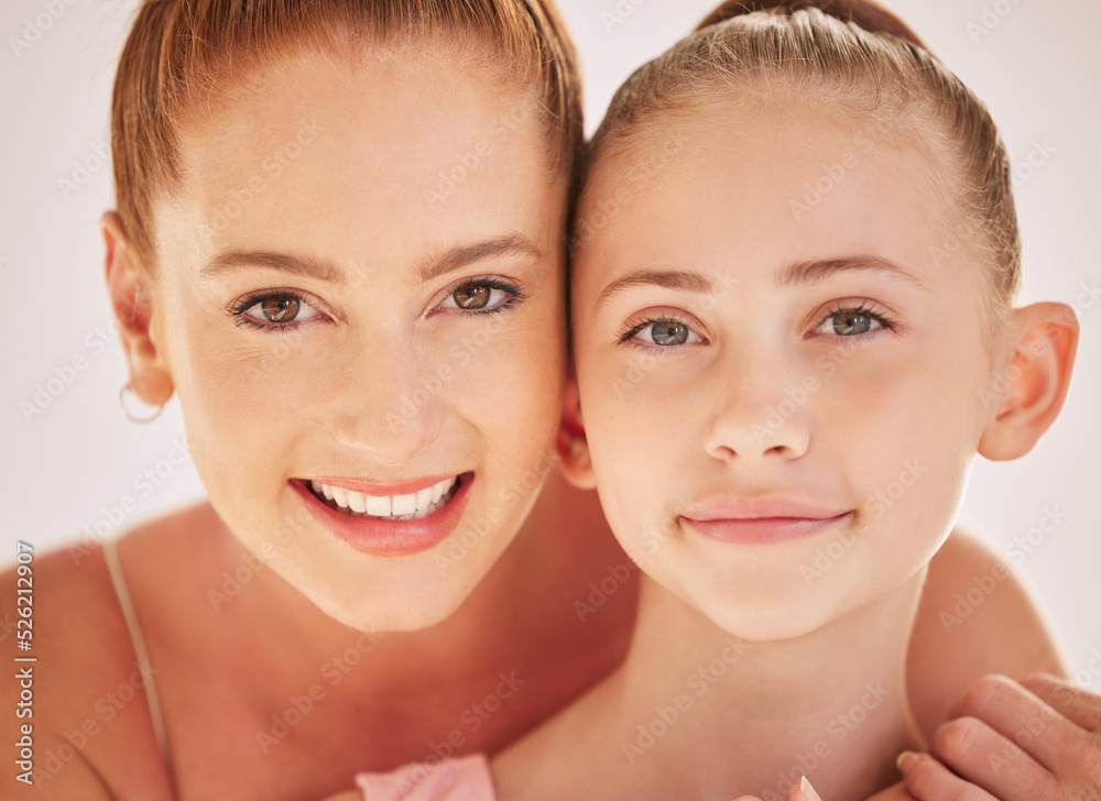 Portrait of ballet teacher with student, teaching a dance class and learning performance at a studio