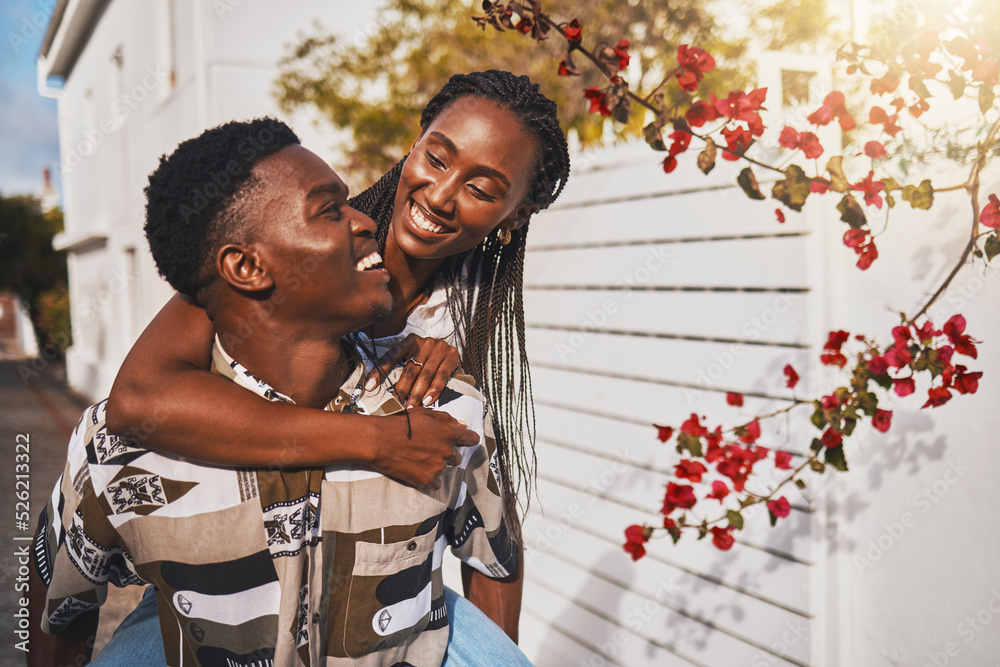 Love, couple and happy with a young man and woman walking together outside with a smile during summe