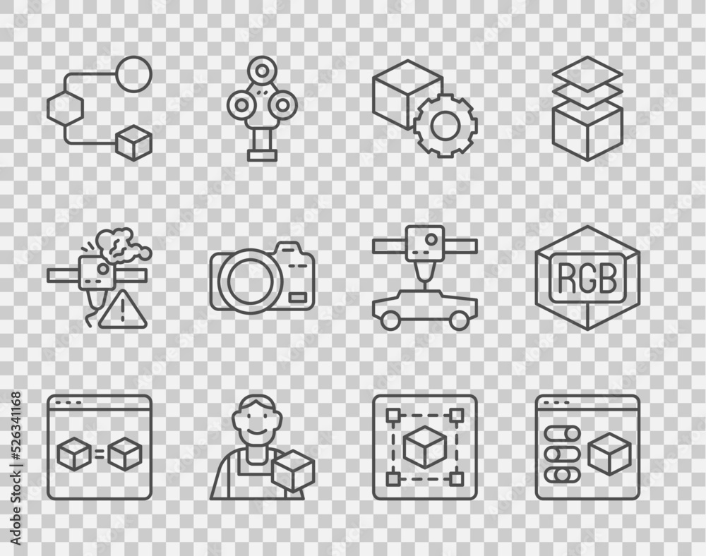 设置线3D打印机完美复制，等角立方体，平面设计师，照片相机，几何图形C