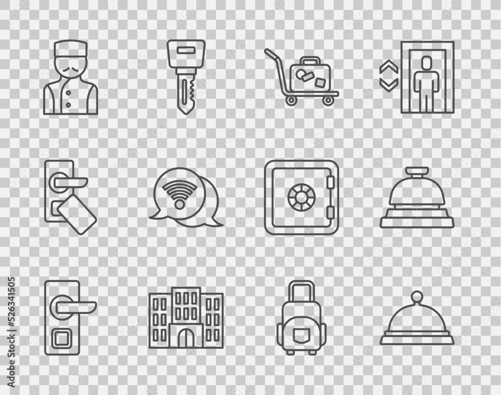 Set line Digital door lock, Covered with tray of food, Trolley suitcase, Hotel building, Concierge, 