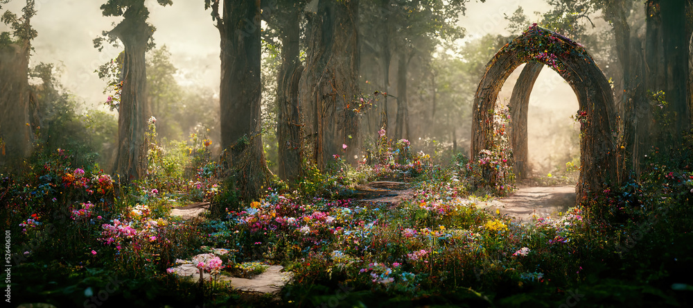 Spectacular archway covered with vine in the middle of fantasy fairy tale forest landscape, misty on