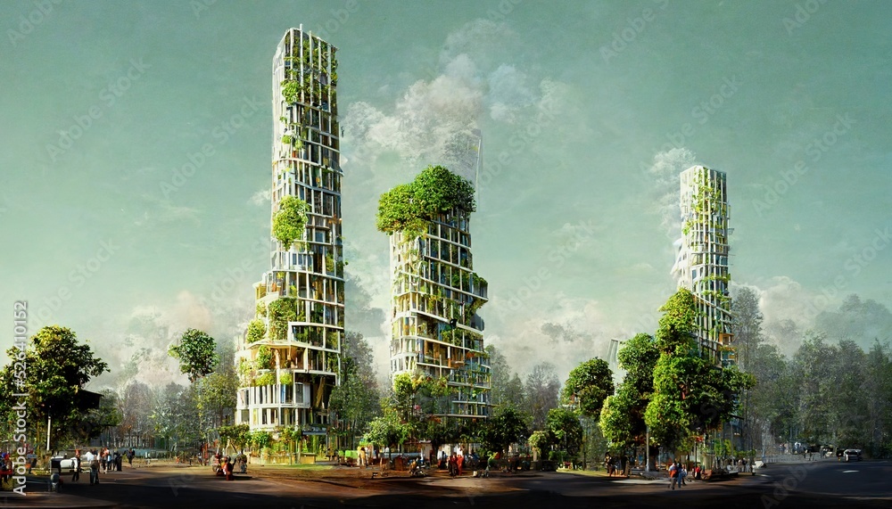 Spectacular eco futuristic cityscape abundant in vegetation features city buildings and green park, 