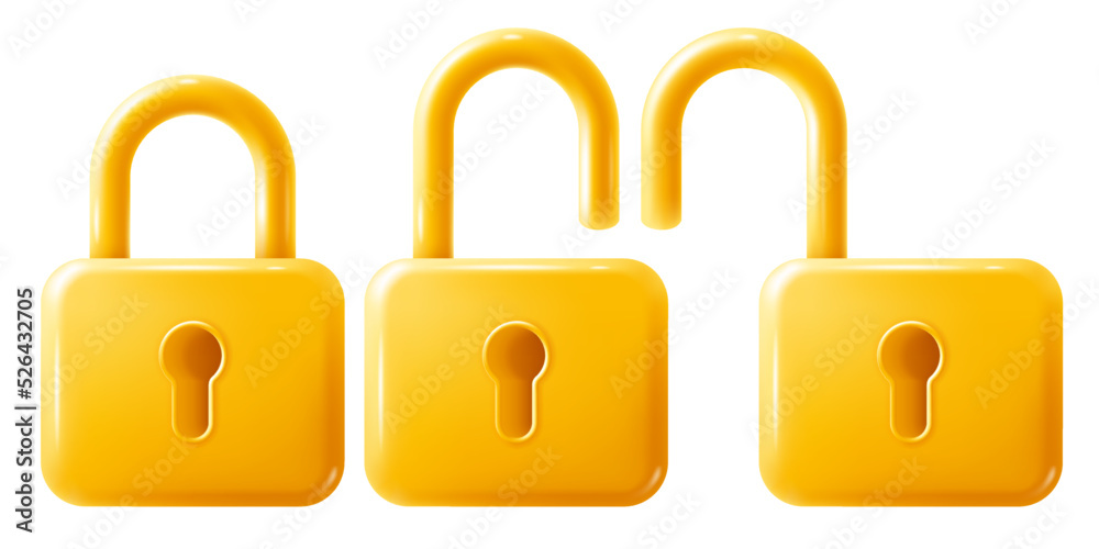 Set of golden rectangle padlocks with keyholes. Open and closed lock. Conceptual icons of security, 