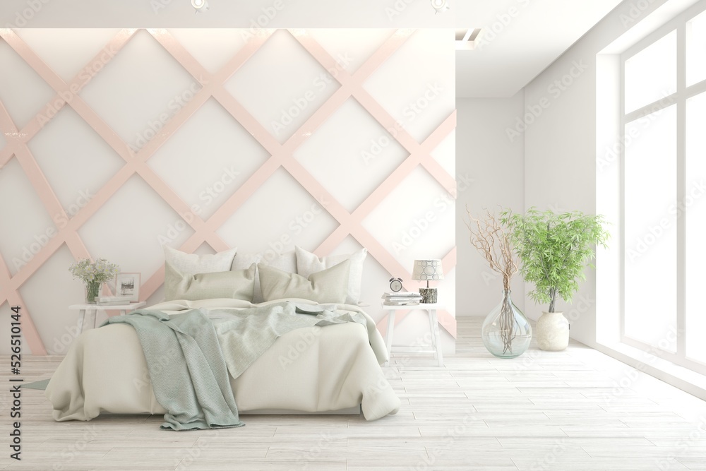 White bedroom interior. Scandinavian design. 3D illustration