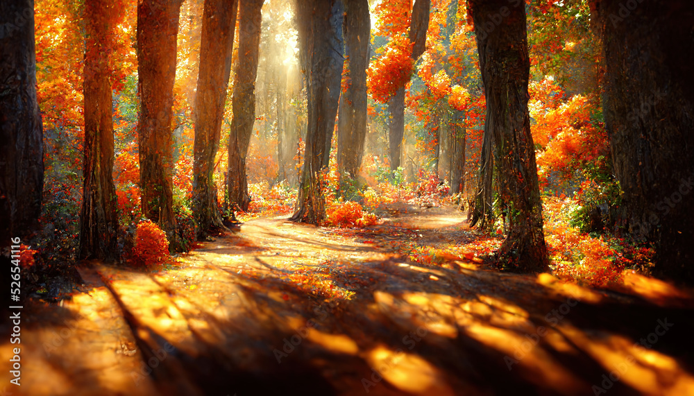 Spectacular autumn scenery in the thick forest with road path. Autumn forest landscape scene with st