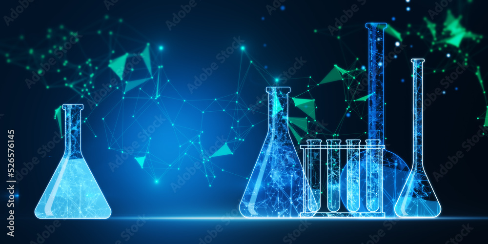 宽蓝色科学背景，低多边形网络和烧瓶。基因研究。基因工程