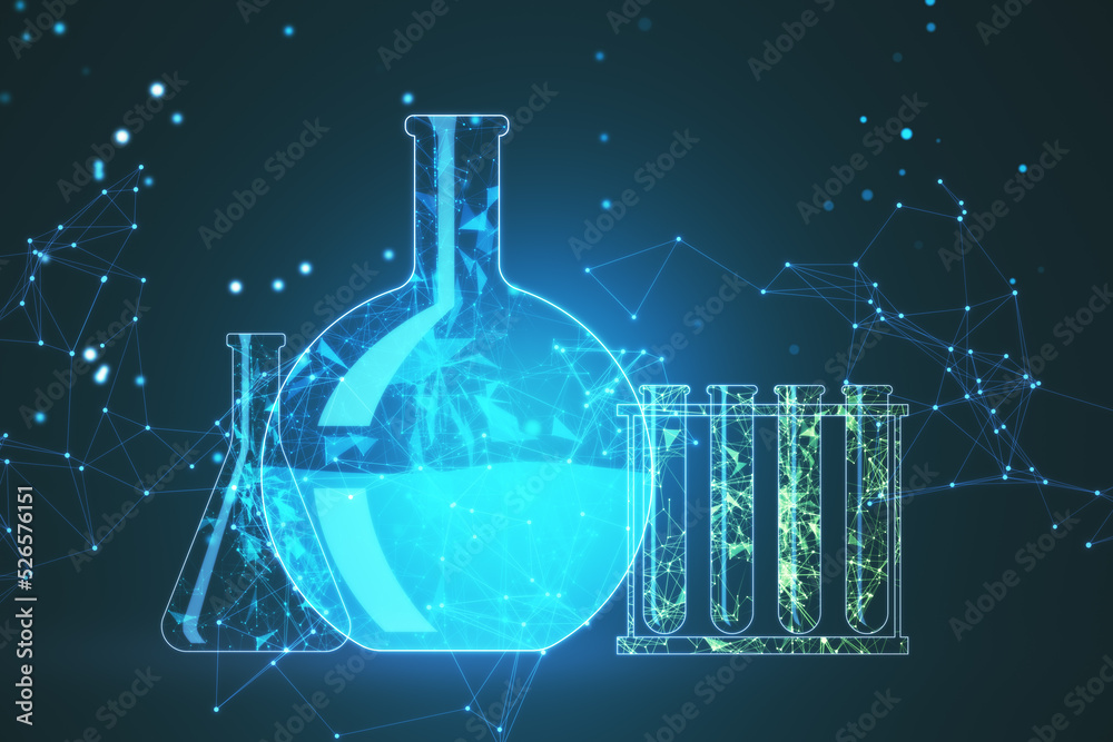 Blue scientific background with low poly network and flasks. Genetic research. Genetic engineering. 