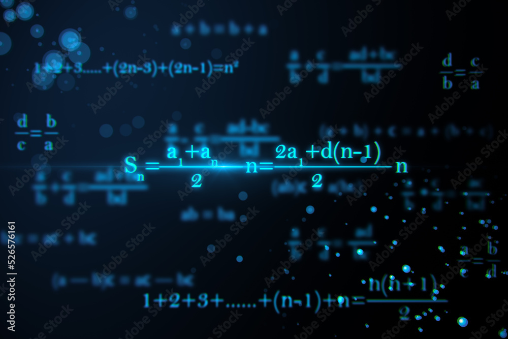 蓝色背景下的数学公式。教育、知识和统计概念。3D Re