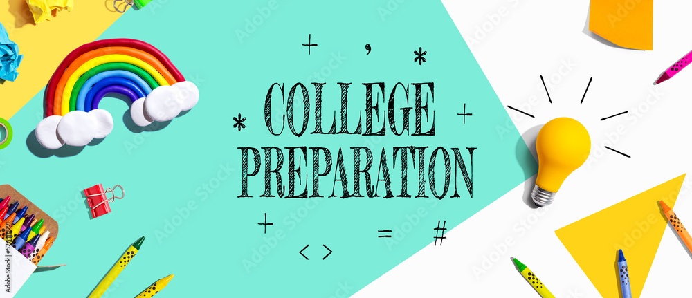 College Preparation theme with school supplies overhead view - flat lay