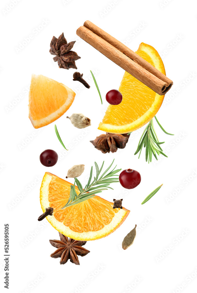 Ingredients for tasty mulled wine isolated on white