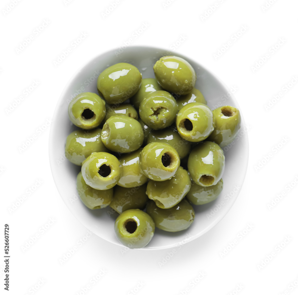 Bowl full of tasty green olives isolated on white background