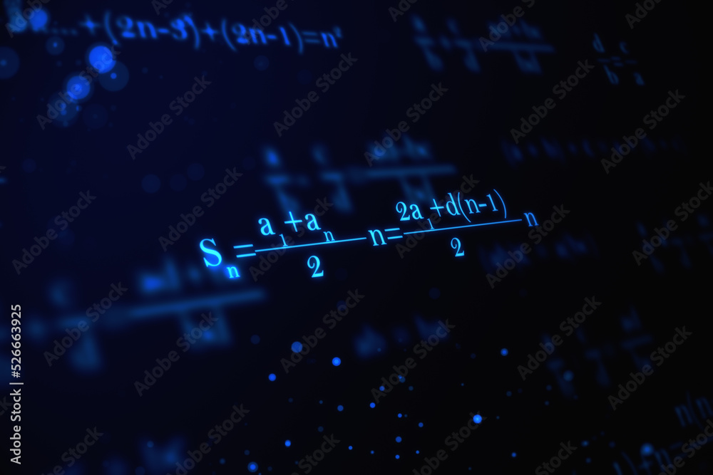 蓝色背景下的数学公式。教育、知识和统计概念。3D Rend
