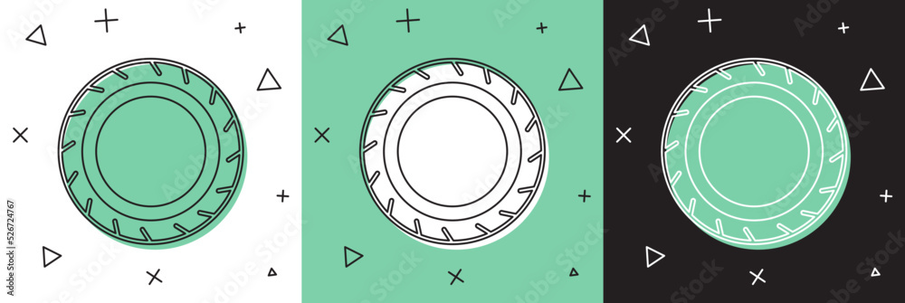 将汽车轮胎车轮图标隔离在白色和绿色、黑色背景上。矢量