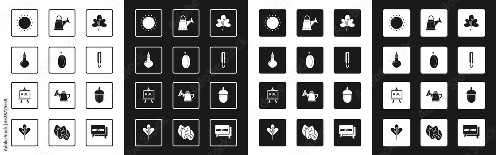 Set Leaf or leaves, Plum fruit, Onion, Sun, Meteorology thermometer, Watering can, Acorn and Chalkbo