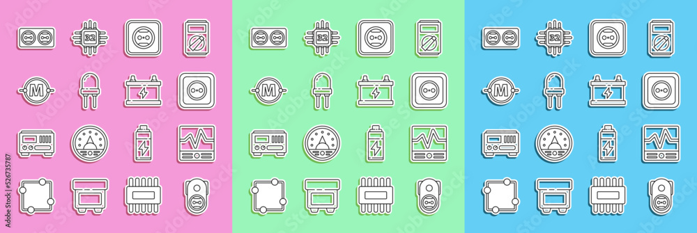 Set line Electrical outlet, measuring instruments, Light emitting diode, circuit scheme, and Car bat