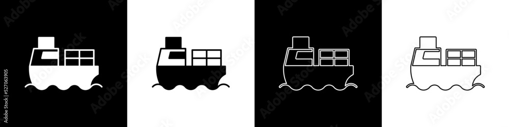 Set Cargo ship with boxes delivery service icon isolated on black and white background. Delivery, tr