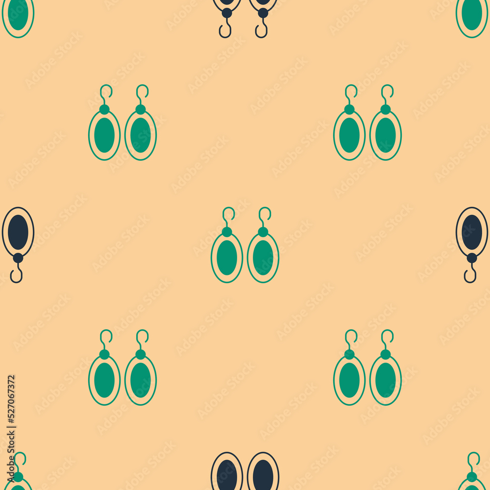 Green and black Earrings icon isolated seamless pattern on beige background. Jewelry accessories. Ve