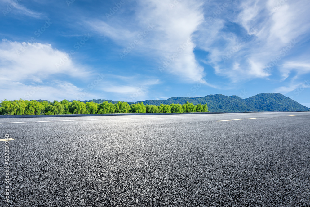 Asphalt road and green forest with mountain background