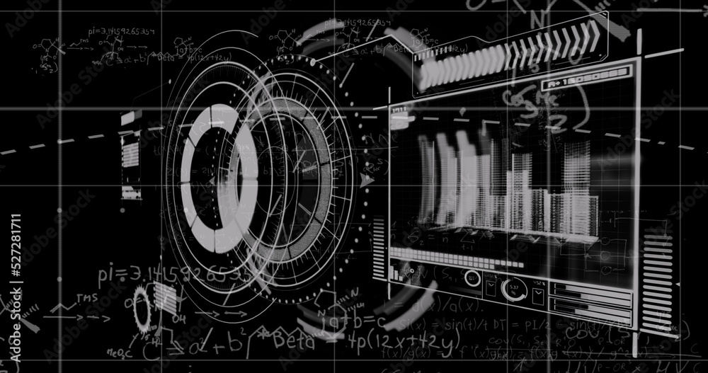 黑色背景下具有数学方程的数据处理和范围扫描图像