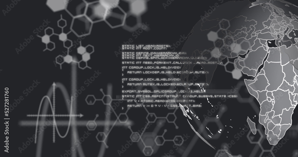 在黑色背景下对分子进行数据处理的地球仪图像