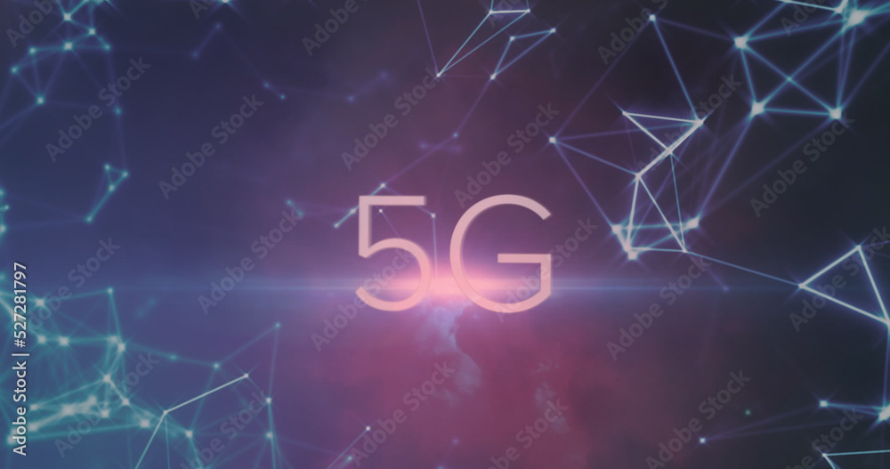 Image of 5g text and spot of light against network of connections against blue background