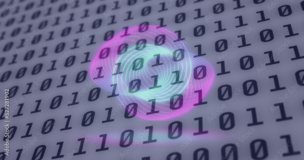 Image of neon circles over digital screen with binary code