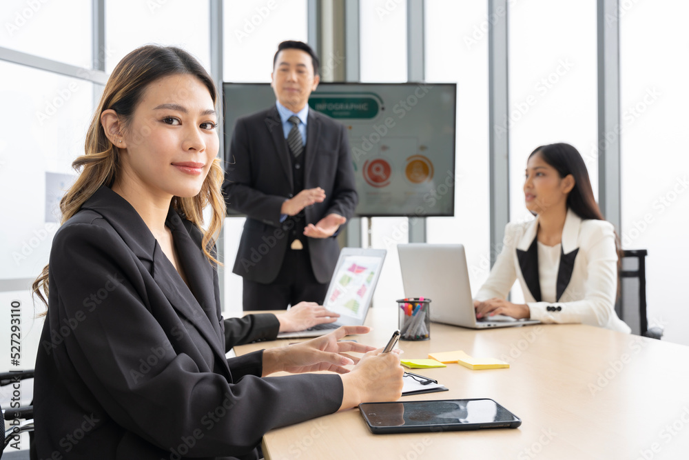 Asian businesswomen looking at the camera Working and meeting at the office at the company with coll