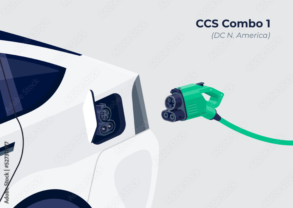 CCS Combo 1 standard charging connector plug and socket. Opened electric battery vehicle inlet charg