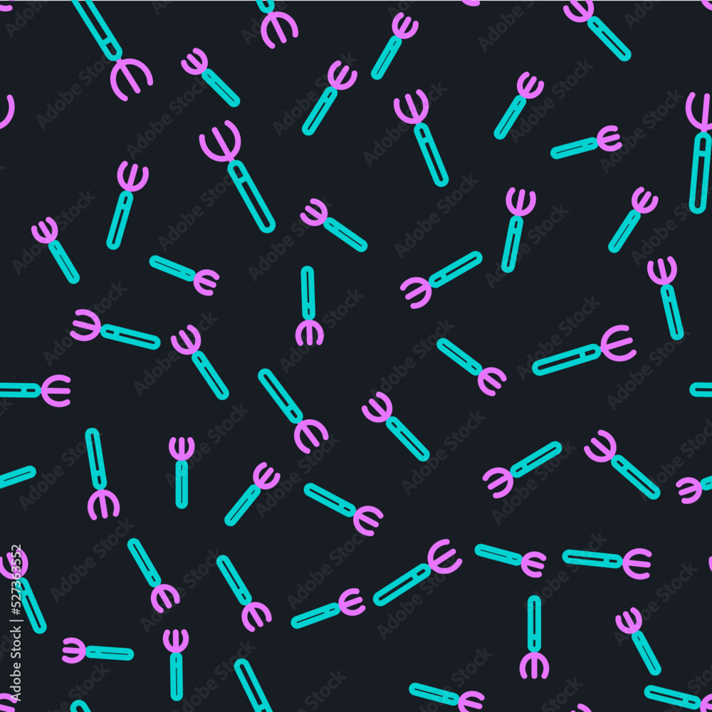 Line Garden pitchfork icon isolated seamless pattern on black background. Garden fork sign. Tool for