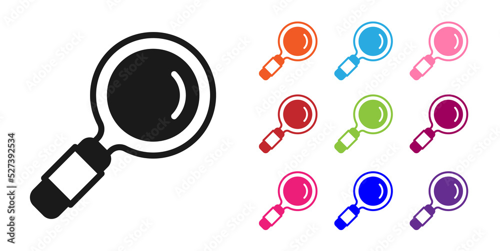 Black Magnifying glass icon isolated on white background. Search, focus, zoom, business symbol. Set 