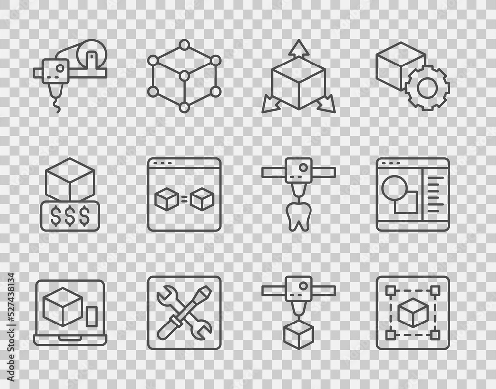 设置线3D打印机、几何图形立方体、等距立方体、设置、完美复制和软件图标