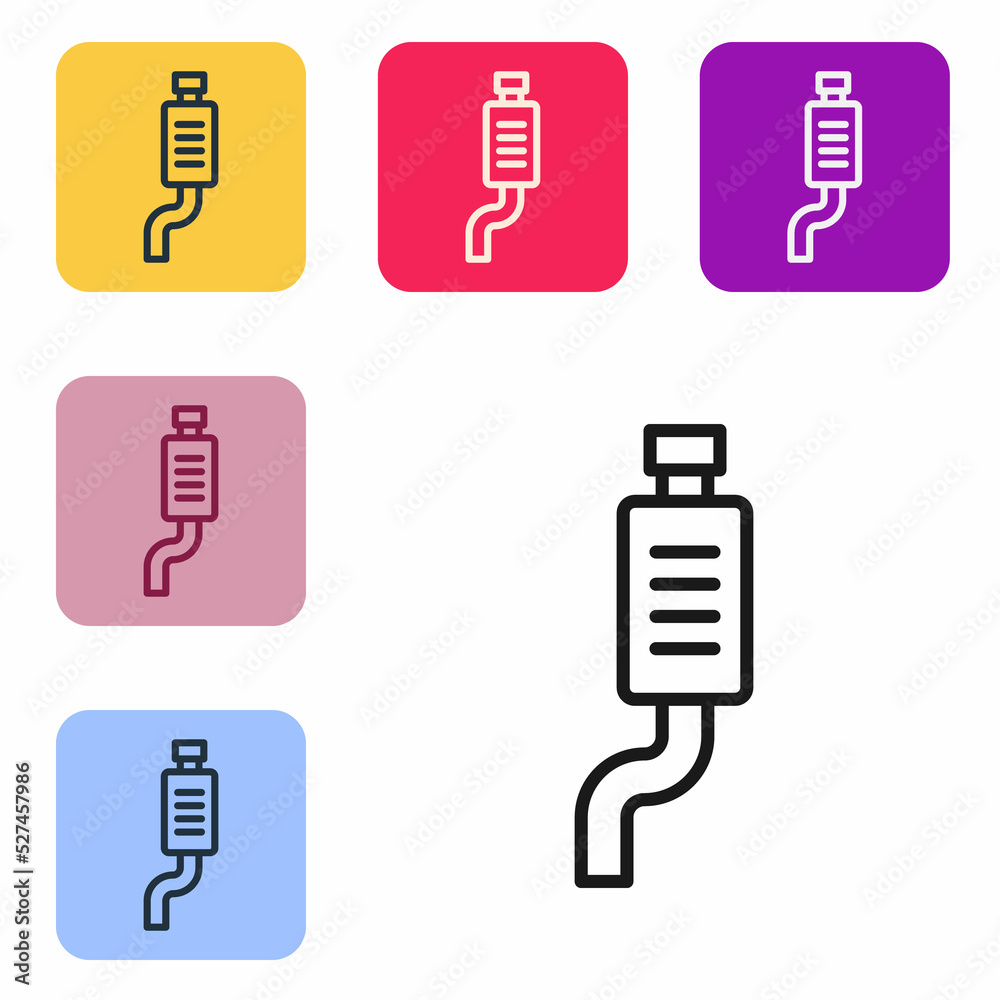 黑线汽车消音器图标隔离在白色背景上。排气管。将图标设置为方形bu
